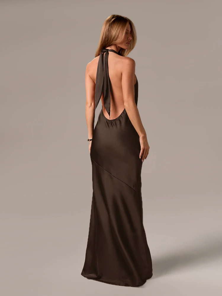 Halter Neck Satin Maxi Dress With Open Back