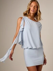 AiiRZ Đầm ngắn lệch vai dáng suông với chi tiết bèo nhún, phần thân trên kiểu blouson và chân váy ôm sát, thích hợp cho tiệc mùa hè. - Màu xanh lam - Xem 1