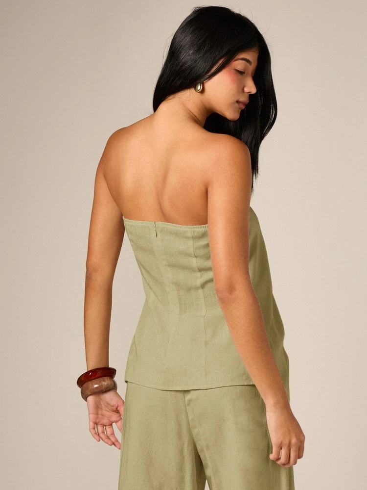 Strapless Linen Top With Front Drape Detail
