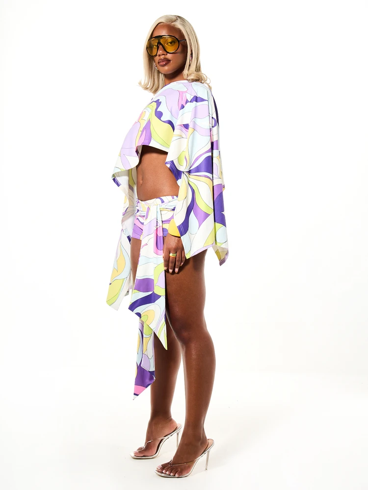 SUMWON WOMEN Paisley Swirl Print Off Shoulder Poncho Crop Top With Bell Sleeves Boho Summer Festival Style