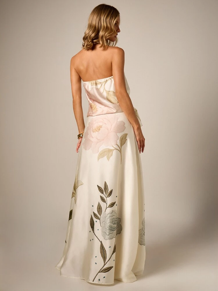 Satin A-Line Maxi Skirt With Floral Embroidery