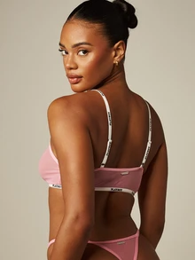 Missguided x Playboy Logo 織帶飾邊網眼無肩帶圓領透視短版內衣上衣 - 粉色 - 查看 3