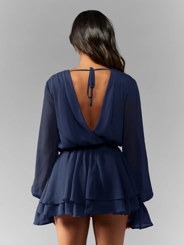MISSGUIDED Chiffon Cowl Drape Plunge Neck Mini Dress With Ruffle Tiered Skirt Long Balloon Sleeves Tie Waist Party