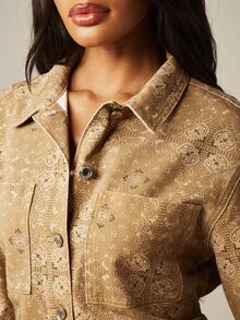 MISSGUIDED Bộ áo liền quần denim in họa tiết Paisley tay ngắn dáng rộng, thích hợp mặc mùa hè, kiểu dáng thường ngày. - Màu Khaki - Xem 5
