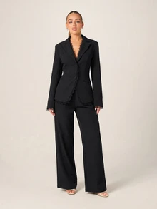 MISSGUIDED Lace Trim Single-Breasted Tailored Blazer With Notch Lapel And Structured Shoulders For Evening And Formal Occasions - Black - View 4