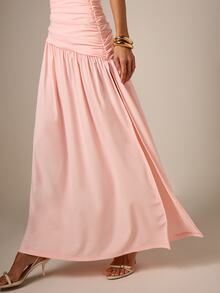 AiiRZ Strapless Bandeau Ruched Slinky Maxi Dress With Side Slit And Flowy Skirt For Summer Evening Party - Pink - View 3