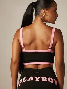 Missguided x Playboy Bunny Logo Contrast Binding Crop Cami Square Neck Sleeveless Top Summer Festival Style Gym Pink And Black Y2k - Black - View 2