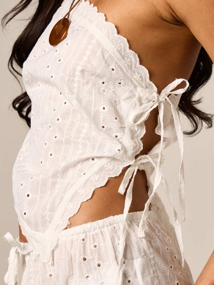 Eyelet Bandeau Crop Top With Scallop Trim