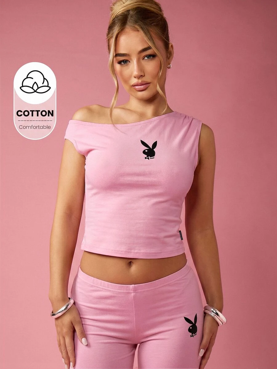 Missguided x Playboy 兔子标志露肩短款上衣,带短袖和胸前印花 - 粉色 - 查看 1