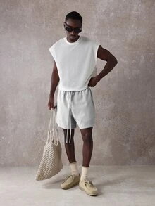 SUMWON Regular Fit Stripe Shorts With Embroidered Back Pocket Drawstring Waist Summer Casual Everyday Wear - Grey - View 3