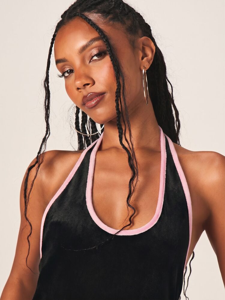 Missguided x Playboy Velvet Halter Neck Mini Dress With Open Back And Pink Logo Graphic Print