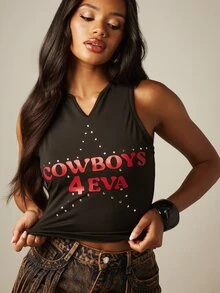 MISSGUIDED Cowboys 4 Eva 印花无袖背心，饰有水钻星星细节，V领露脐上衣 - 黑色 - 查看 1