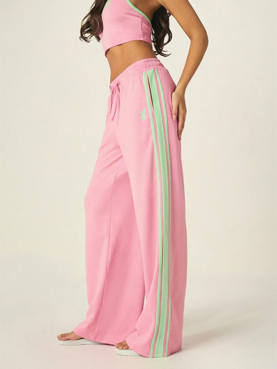 Missguided x Playboy Quần thể thao ống rộng với sọc bên hông tương phản và logo hình thỏ, dây rút ở eo. - Hồng - Xem 1
