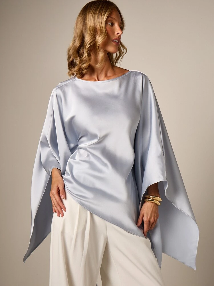 Satin Batwing Cape Top With Boat Neck