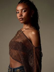 MISSGUIDED Sheer Fishnet Knit Crop Top One Shoulder Asymmetric Draped Sleeve Festival Party Summer Top - Coffee Brown - View 4