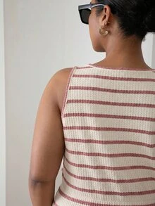 ELLERISSA Plus Size Pink & Cream Stripe Round Neck Sleeveless Front Button Waffle Knit Midi Dress - Pink - View 2