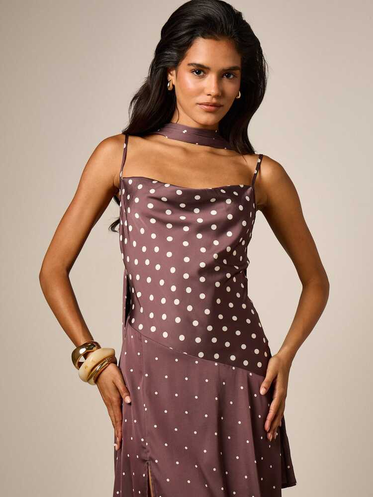 Polka Dot Cowl Neck Asymmetric Slip Dress