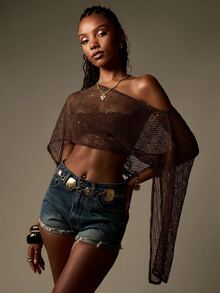 MISSGUIDED Sheer Fishnet Knit Crop Top One Shoulder Asymmetric Draped Sleeve Festival Party Summer Top - Coffee Brown - View 5
