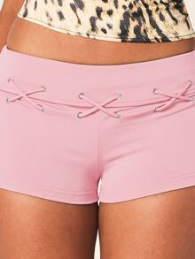 MISSGUIDED Eyelet Lace-Up Booty Shorts Low Rise Mini Hot Pants With Grommet Detail For Festival Summer Party - Pink - View 4
