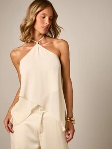 AiiRZ Áo hai dây voan xếp lớp, cổ yếm, hở lưng, buộc dây phía sau, vạt áo bất đối xứng, kiểu dáng thanh lịch mùa hè. - Màu vàng - Xem 1