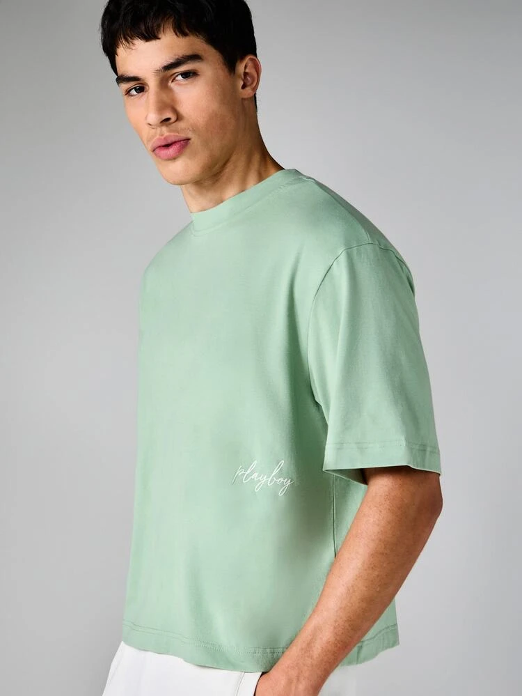 PLAYBOY X SUMWON Boxy Fit Graphic Tee With Bunny Logo Back Print And Script Front Detail Crew Neck Short Sleeve Summer T-Shirt