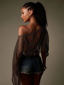 MISSGUIDED Sheer Fishnet Knit Crop Top One Shoulder Asymmetric Draped Sleeve Festival Party Summer Top - Coffee Brown - View 2