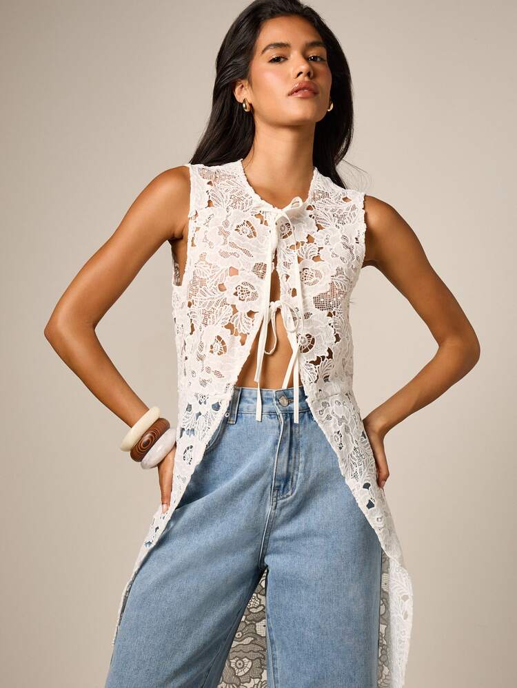 Floral Lace Sleeveless Duster Vest With Tie Detail