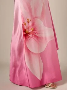 AiiRZ 渐变芙蓉花印花缎面A字型侧开衩夏季礼服长裙 - 粉色 - 查看 3