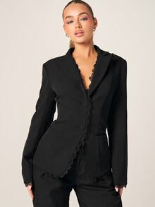 MISSGUIDED Lace Trim Single-Breasted Tailored Blazer With Notch Lapel And Structured Shoulders For Evening And Formal Occasions - Black - View 6