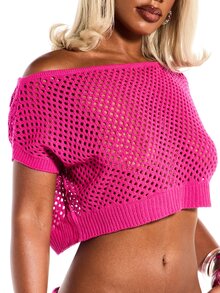 SUMWON WOMEN Áo croptop móc len trễ vai tay ngắn, kiểu dáng lưới thoáng khí, thích hợp cho mùa hè, lễ hội, tiệc tùng, nghỉ mát. - Hồng - Xem 6