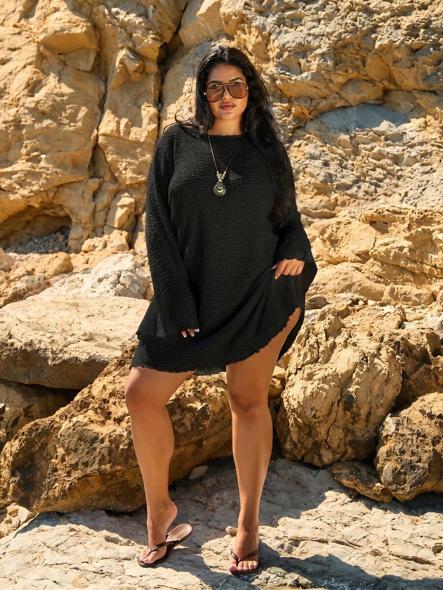 FASHION SZN 大码钩针编织薄纱沙滩罩衫卡夫坦沙滩装泳装度假夏季度假宽松清凉旅行海滩伊比沙岛波西米亚风黑色罩衫泳池边魅力节日装扮海滩俱乐部 - 黑色 - 查看 1