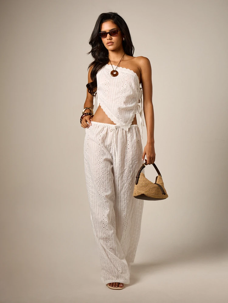 Wide Leg Eyelet Pants With Drawstring Waist
