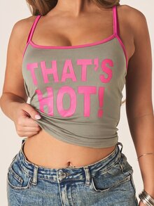 MISSGUIDED Slogan Print Crop Cami Top With Contrast Spaghetti Straps And Scoop Neckline Summer Festival Casual - Grey - View 2