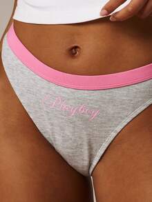 Missguided x Playboy 撞色丁字裤，粉色腰带，饰有品牌标志，日常贴身舒适。 - 灰色 - 查看 4