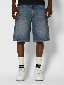 SUMWON Graffiti Back Print Denim Shorts Baggy Fit Washed Jean Short Summer Street Style - Blue - View 4