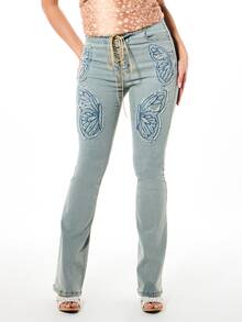 SUMWON WOMEN Stretch Denim Lace-Up Flare Jeans With Butterfly Applique Embroidery Beading Low Rise Bootcut Spring Summer - Blue - View 1
