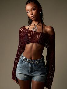 MISSGUIDED Áo len crop cực ngắn dệt lưới với tay áo loe và chi tiết buộc dây phía sau hở lưng. - Màu Đỏ Sâu - Xem 6