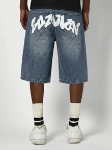 SUMWON Graffiti Back Print Denim Shorts Baggy Fit Washed Jean Short Summer Street Style - Blue - View 1