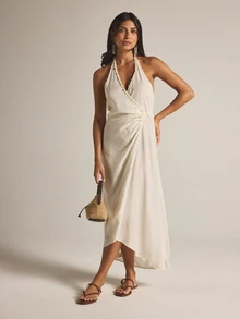 KSTM Halter Neck Wrap Cover-Up Dress With Crochet Trim And Beaded Detail For Beach Vacation Summer White Sexy Tropical - Apricot - View 4