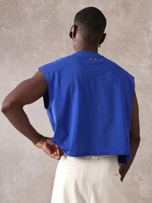 SUMWON Boxy Fit Raw Edge Crop Tank Top With Graphic Slogan Print, Crew Neck, Sleeveless Summer Streetwear - Royal Blue - View 2