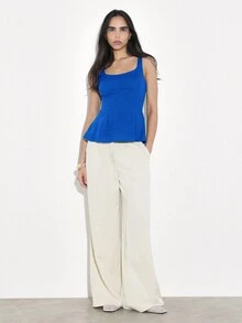 KSTM Áo tank top không tay dáng peplum cổ vuông, lưng chun, gấu áo xếp ly, kiểu dáng mùa hè thanh lịch. - Xanh đậm - Xem 3