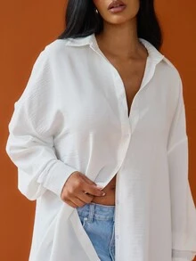 FASHION SZN Women's Solid Color Drop Shoulder Long Sleeve Single-Breasted Casual Shirt - White - View 3