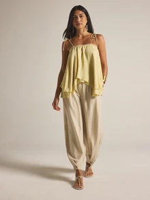 KSTM Flowy Layered Ruffle Hem Cami Top With Tie Shoulder Straps And Lace Trim Neckline Summer Boho Style - Light Yellow - View 3
