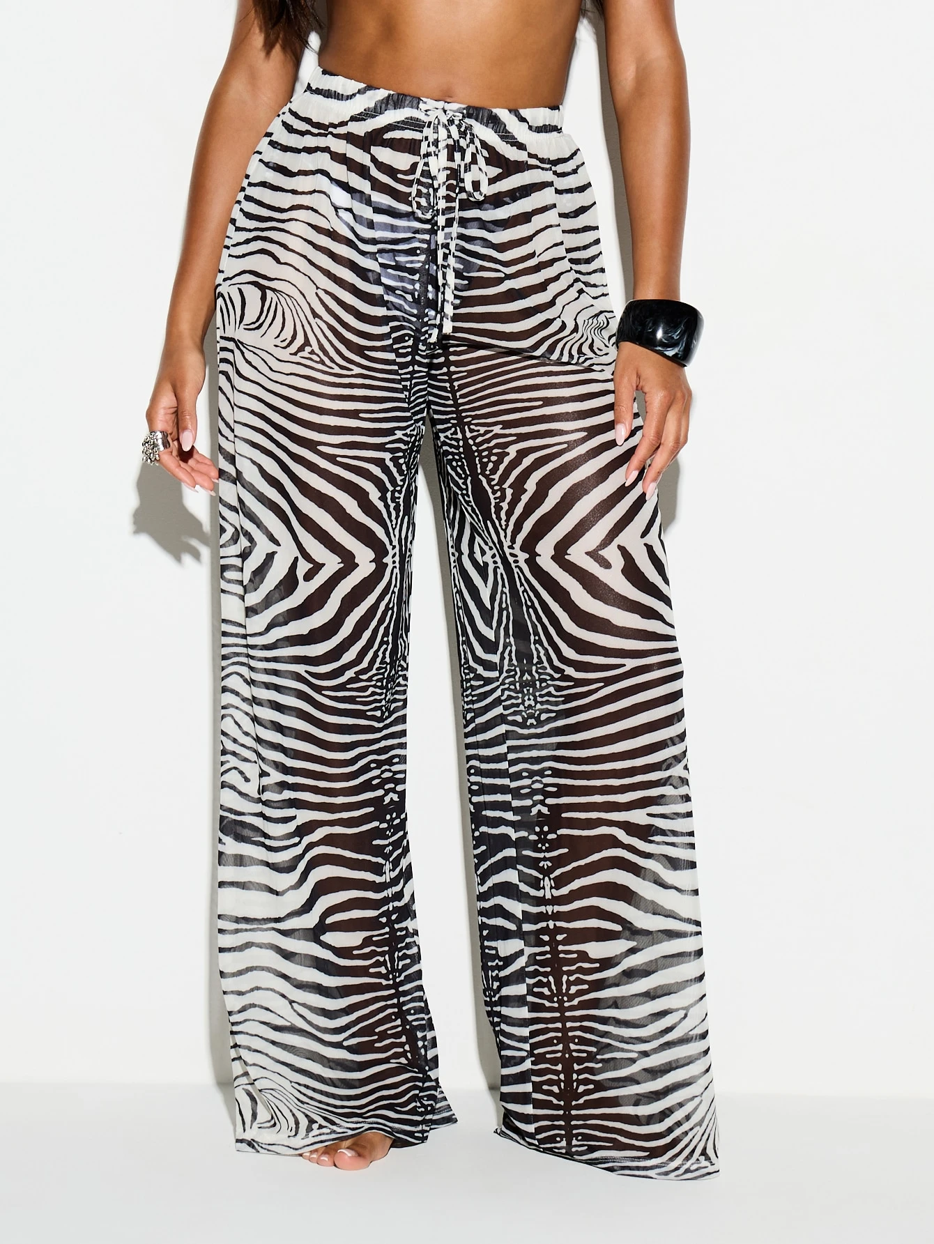 Sheer Mesh Zebra Print Wide Leg Trouser