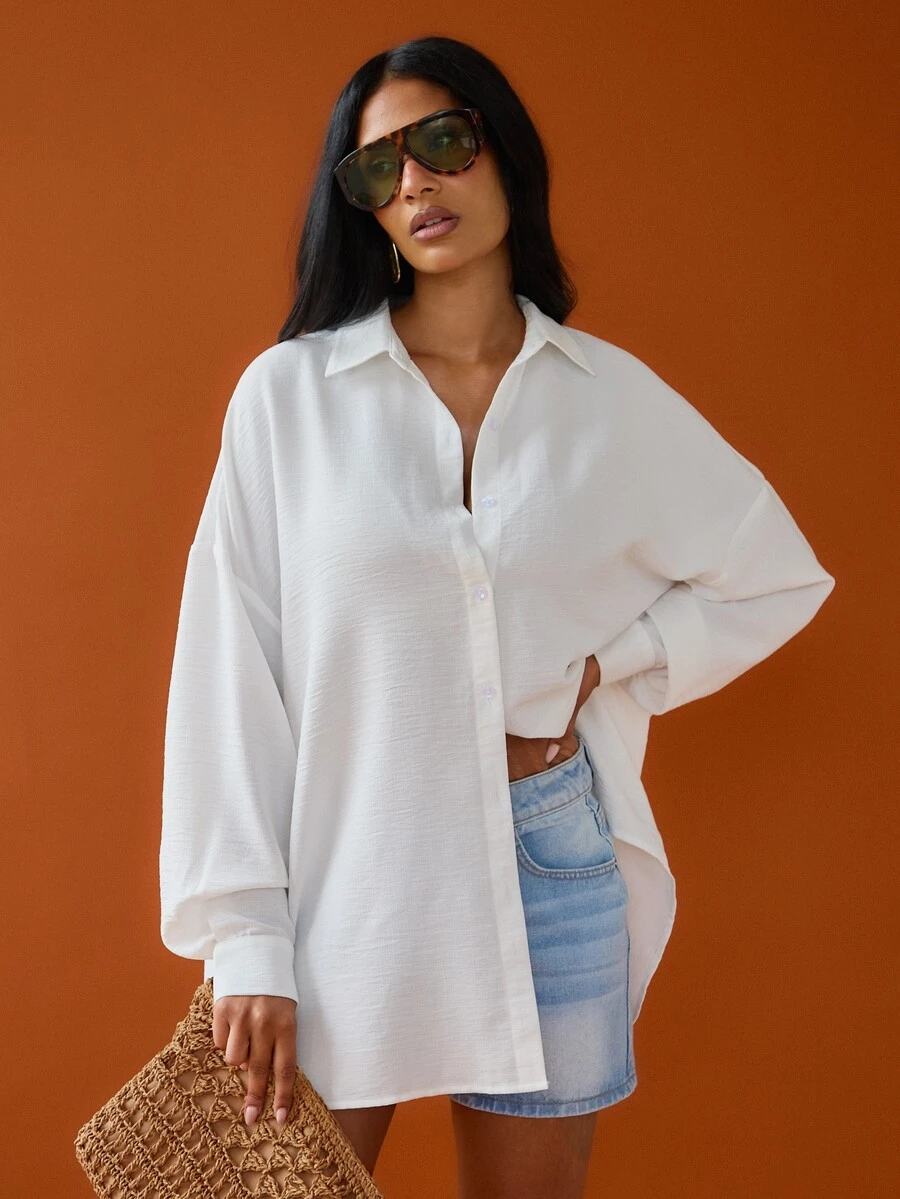FASHION SZN Women's Solid Color Drop Shoulder Long Sleeve Single-Breasted Casual Shirt - White - View 1
