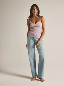 KSTM Floral Lace Cami Top With V-Neck Spaghetti Straps Ruched Fitted Corset Style Summer Top - Pink - View 5