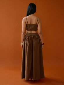 FASHION SZN 女士两件套夏季套装，吊带上衣搭配长裙，波西米亚风伊比沙岛音乐节夏季度假套装，棕色系旅行优雅时尚半裙上衣，长裙搭配赛马日服装，婚礼宾客礼服，欧式夏季 - 棕色 - 查看 2