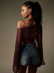 MISSGUIDED Áo len crop cực ngắn dệt lưới với tay áo loe và chi tiết buộc dây phía sau hở lưng. - Màu Đỏ Sâu - Xem 2