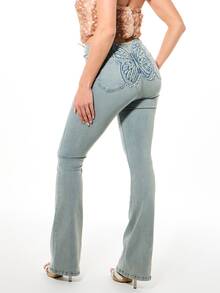 SUMWON WOMEN Stretch Denim Lace-Up Flare Jeans With Butterfly Applique Embroidery Beading Low Rise Bootcut Spring Summer - Blue - View 2