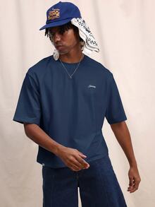 SUMWON Boxy Fit Oversized T-Shirt With Farmers Market Fruit Graphics Back Print And Script Logo - Navy Blue - View 6